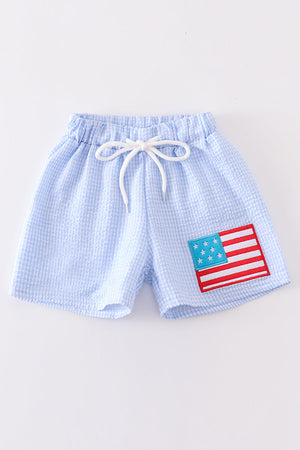 Seersucker patriotic flag applique boy swim trunks