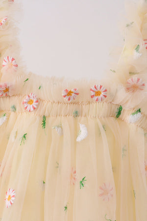 Mustard strap daisy embroidery tulle dress