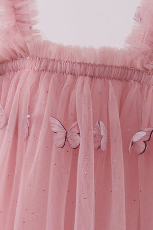 Peach strap butterfly embroidery tulle dress