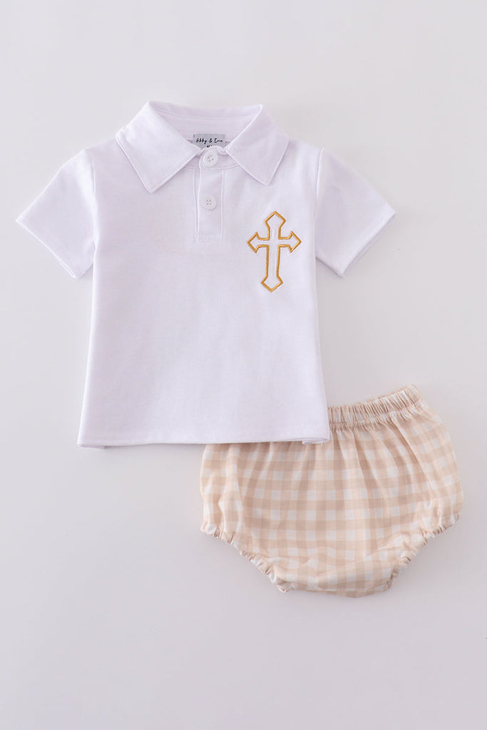Easter cross embroidery boy bloomer set