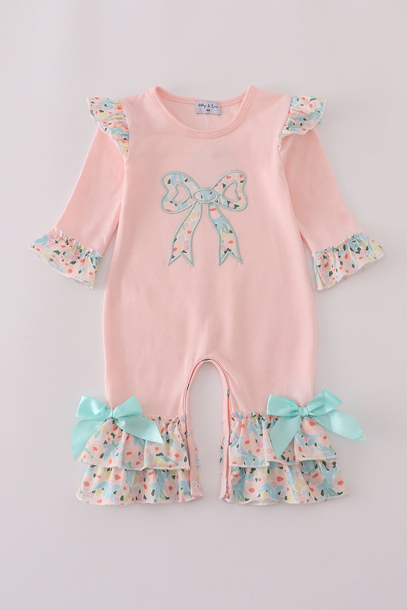 Pink floral print bow applique ruffle romper