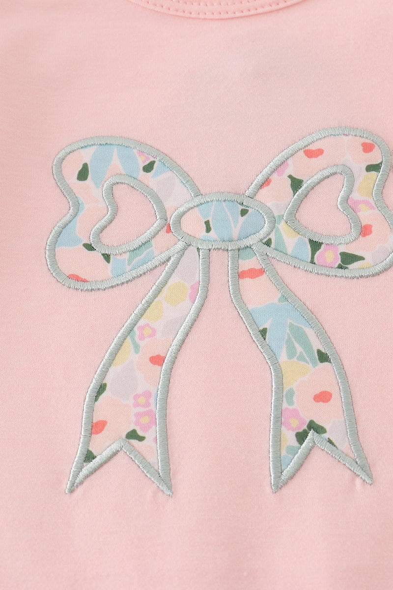 Pink floral print bow applique ruffle romper