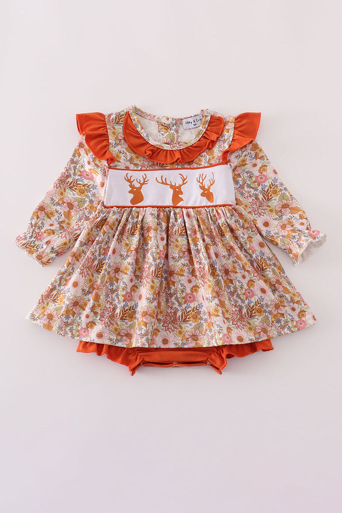Rust floral print deer embroidery ruffle bubble