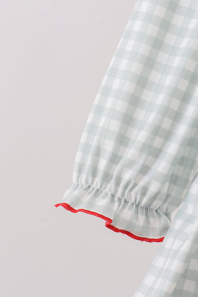 Sage ribbon bow gingham ruffle gown dress