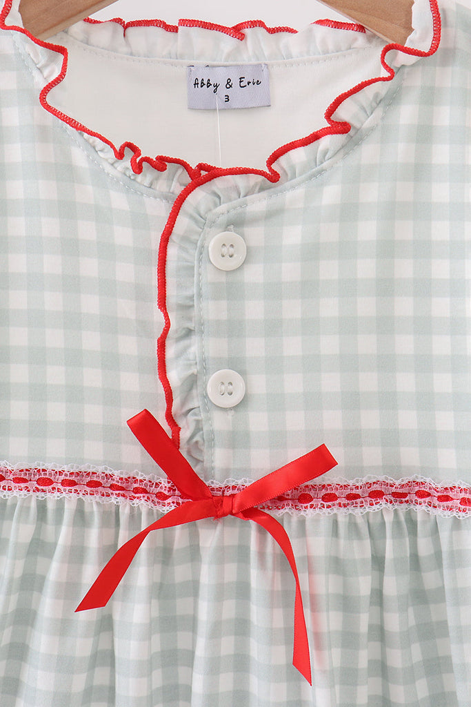 Sage ribbon bow gingham ruffle gown dress