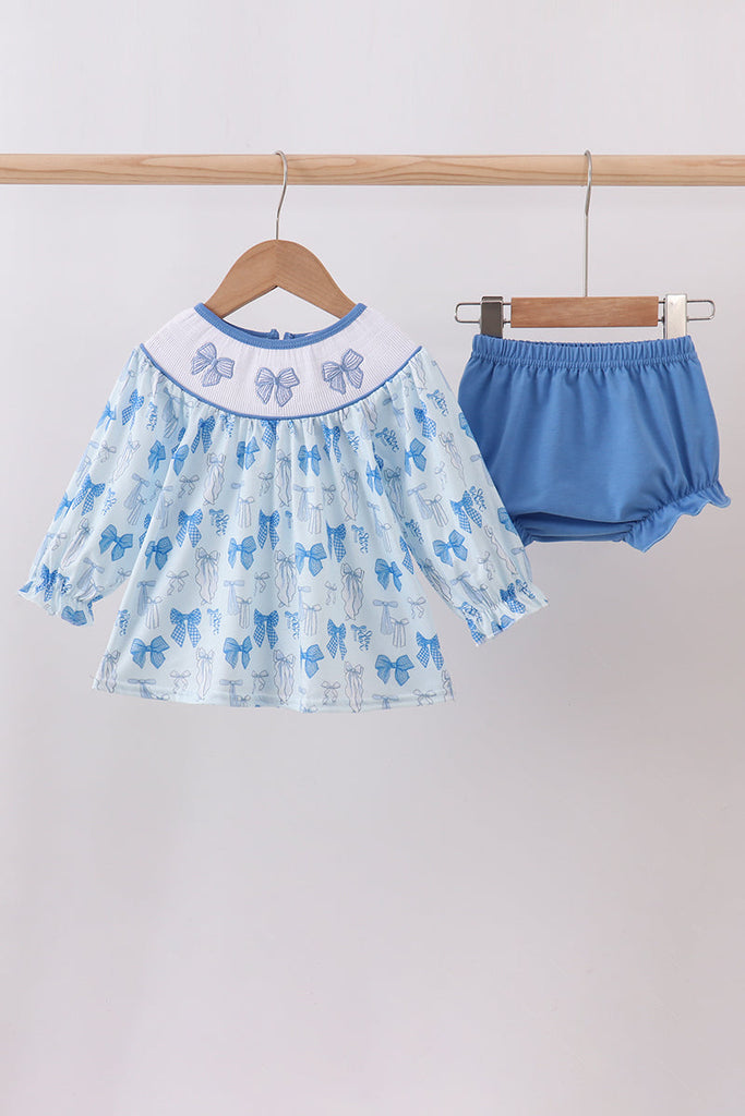 Blue bow smocked bloomer set