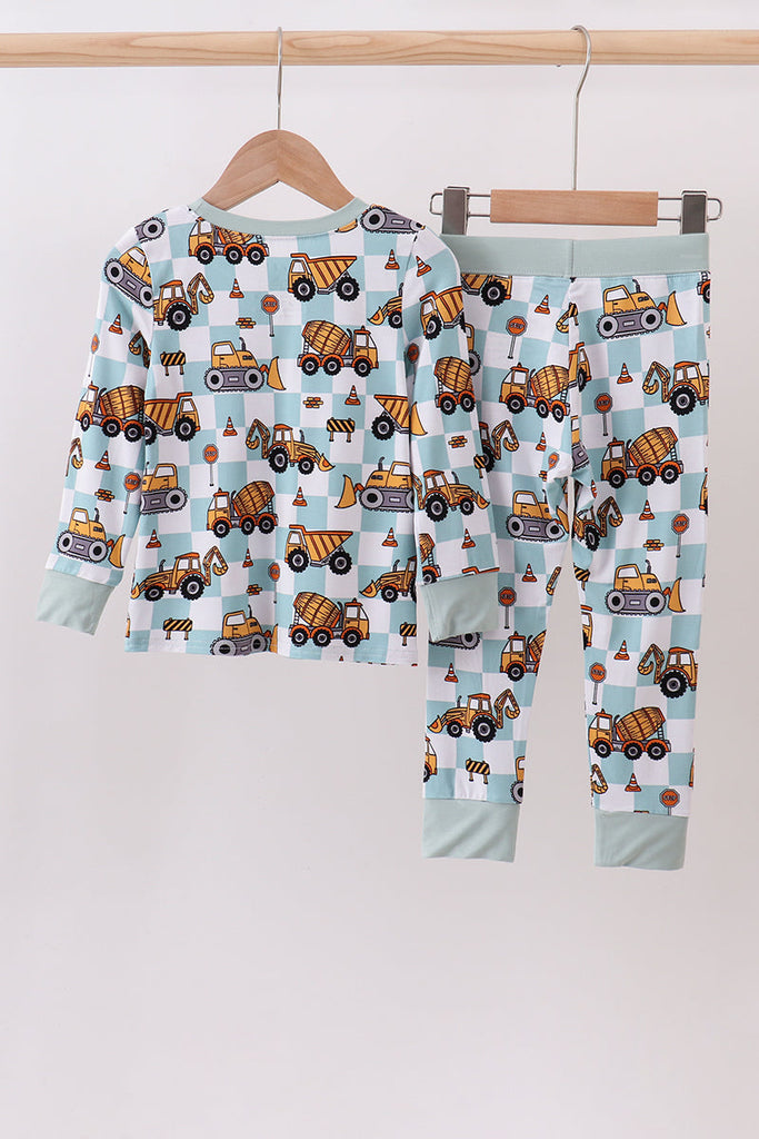 Green excavator checkered bamboo pants set