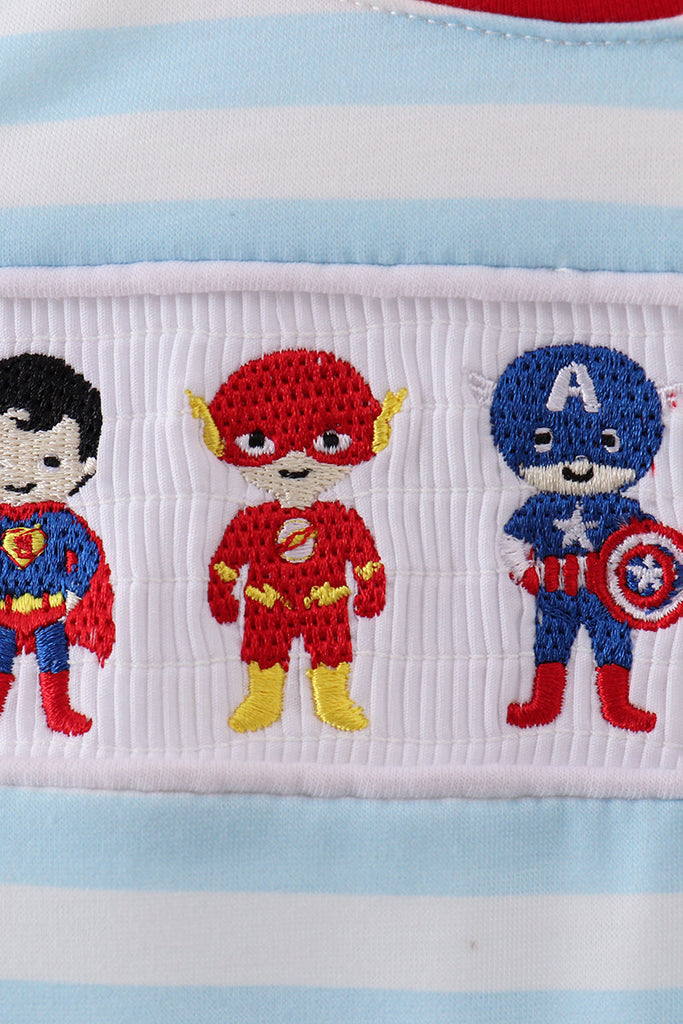 Blue character embroidery stripe romper