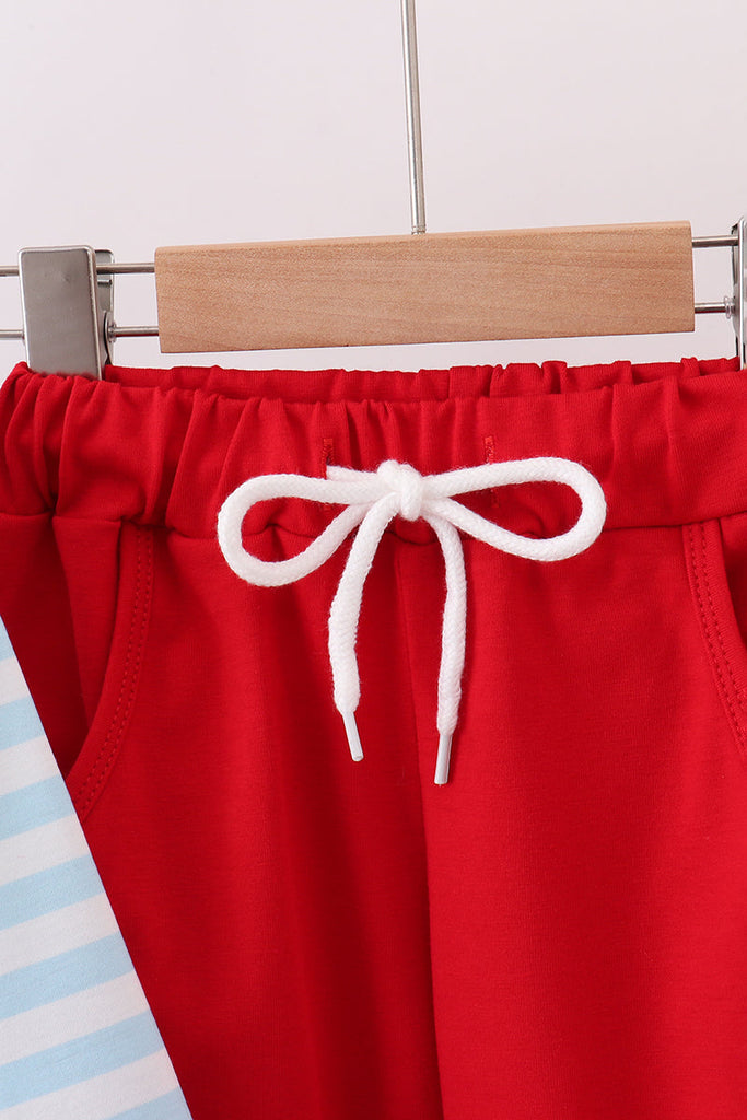 Blue character embroidery stripe pants set