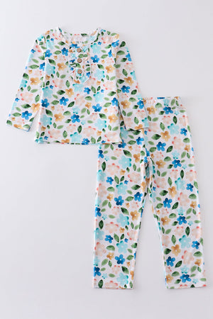 Blue floral print bamboo pajamas set