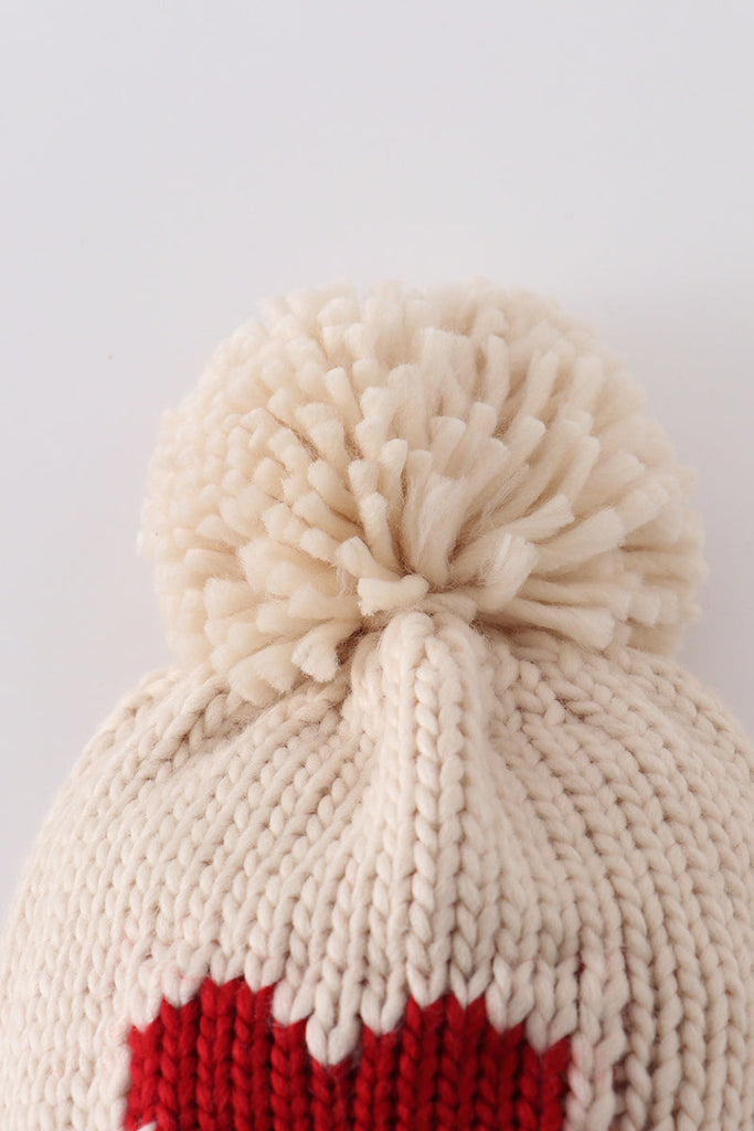 Cream heart knit beanie pom pom hat – HoneyBean