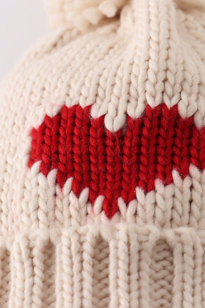 Cream heart knit beanie pom pom hat – HoneyBean