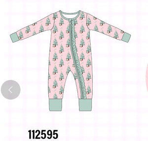 Pink christmas tree bamboo ruffle zipper romper