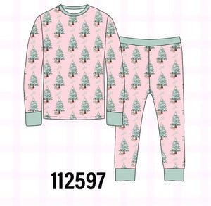 Pink christmas tree bamboo pants set