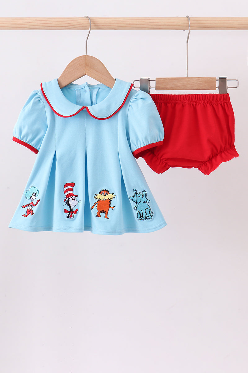 Blue character embroidery bloomer set