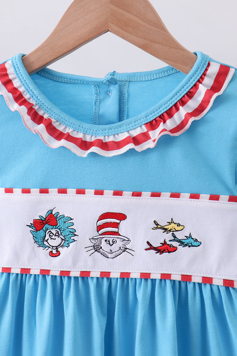 Blue character embroidery pants set