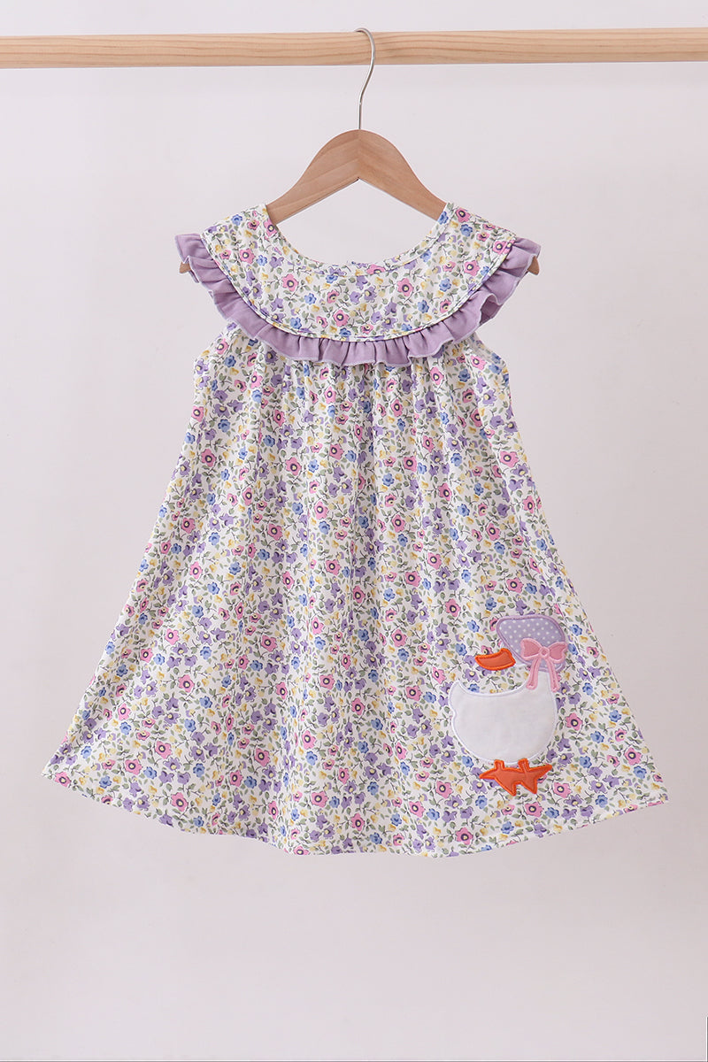 Purple floral goose applique ruffle dress