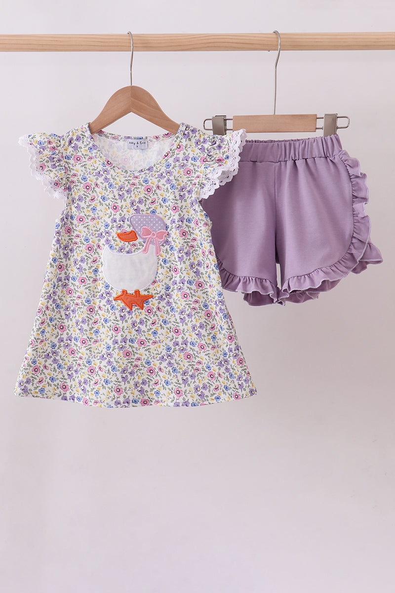 Purple floral goose applique ruffle shorts set