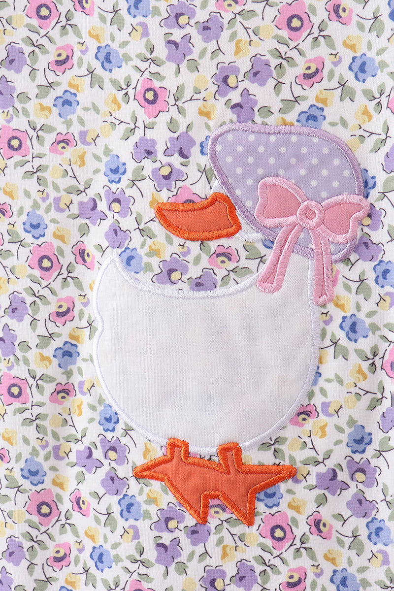 Purple floral goose applique ruffle shorts set