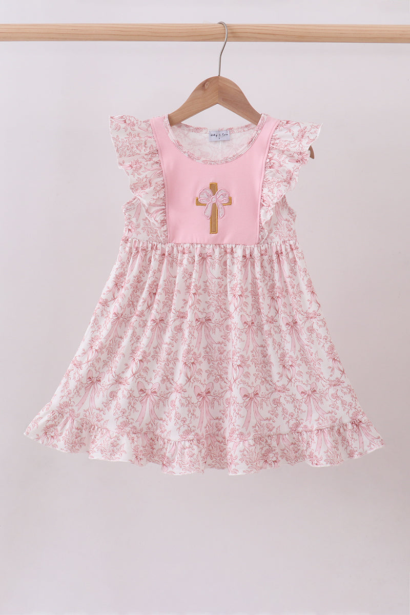 Pink bowknot cross applique ruffle dress