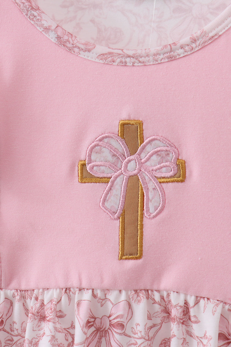 Pink bowknot cross applique ruffle dress