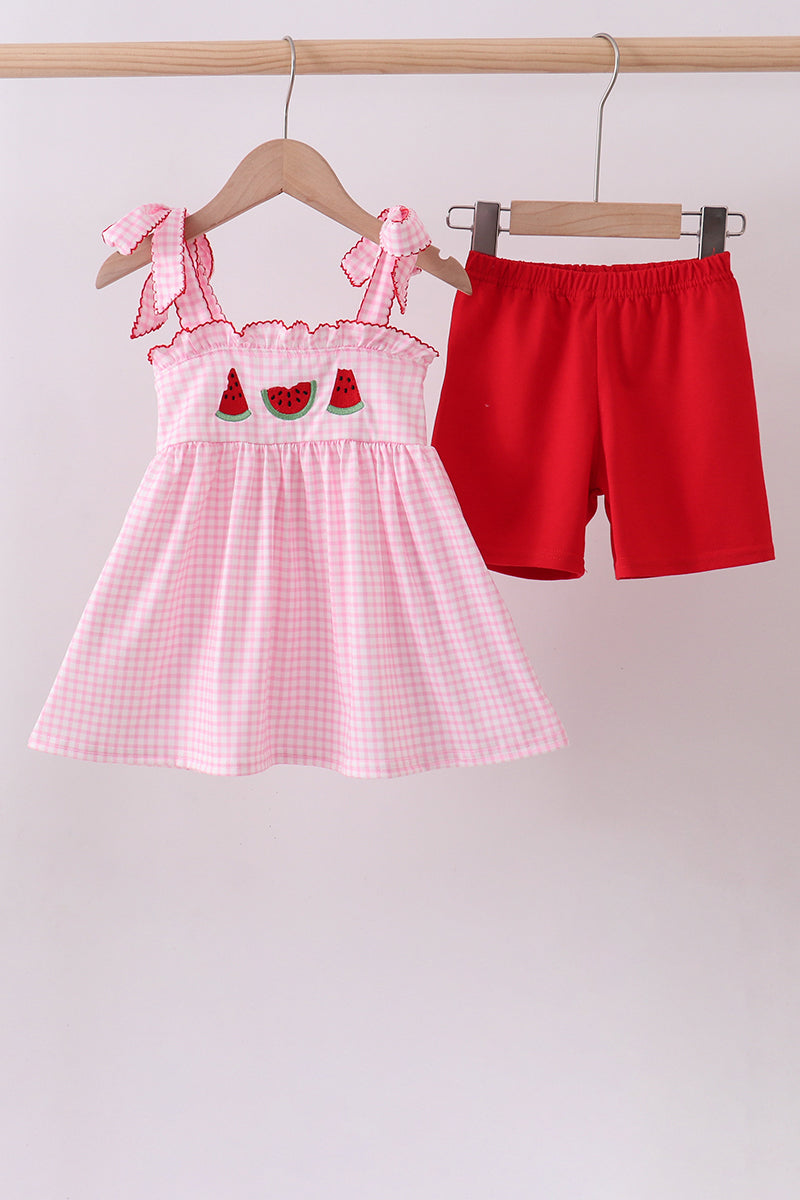 Pink watermelon embroidery shorts set