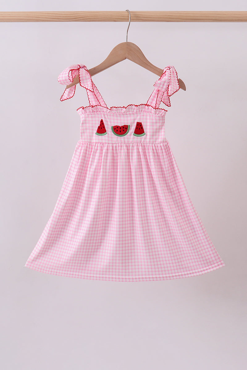 Pink watermelon embroidery ruffle dress