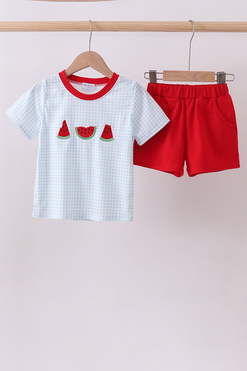 Blue watermelon embroidery shorts set