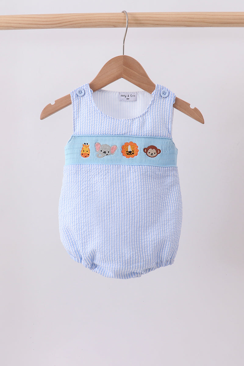 Blue seersucker animal smocked bubble