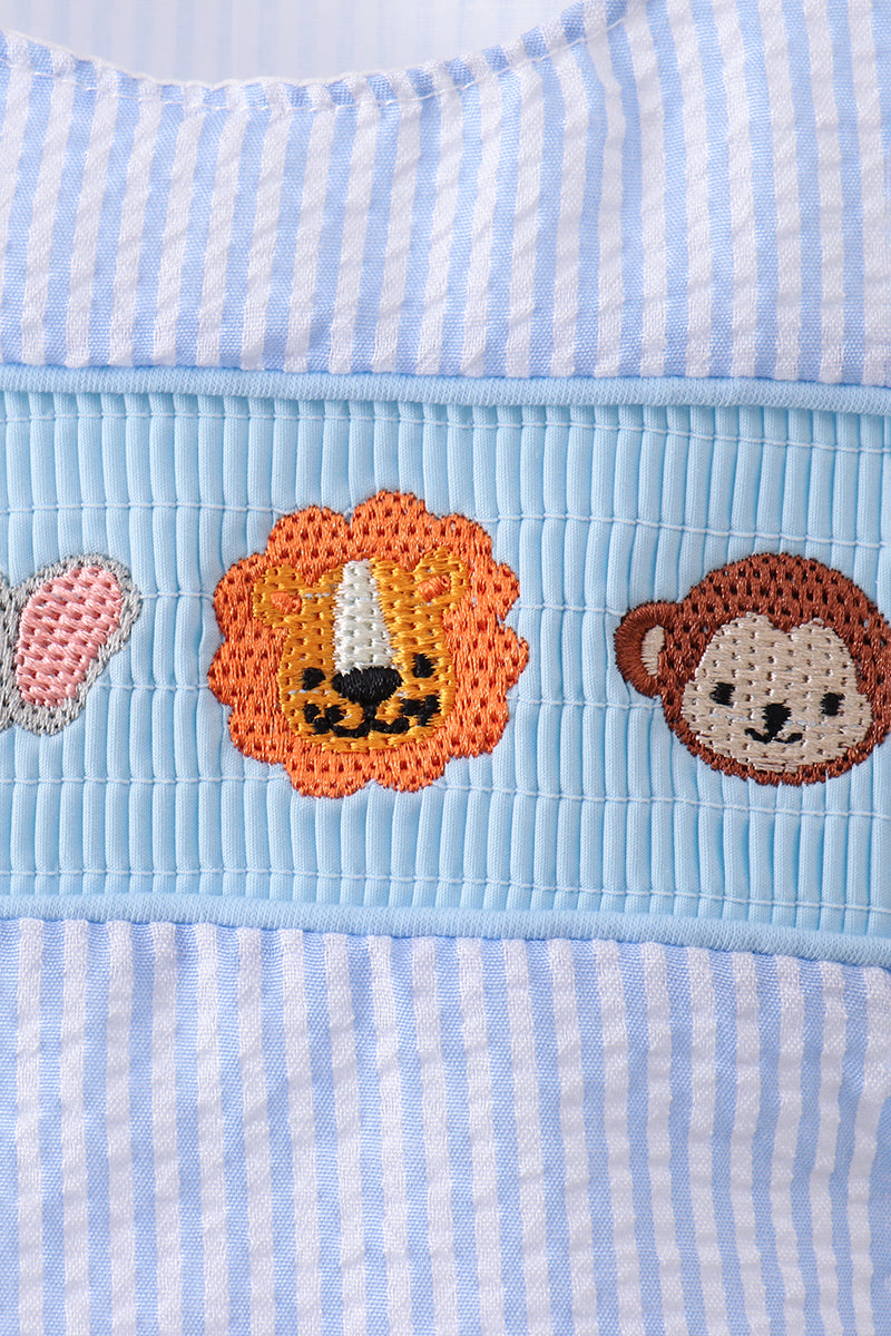 Blue seersucker animal smocked bubble