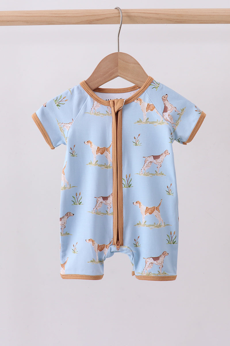 Blue puppy print bamboo romper