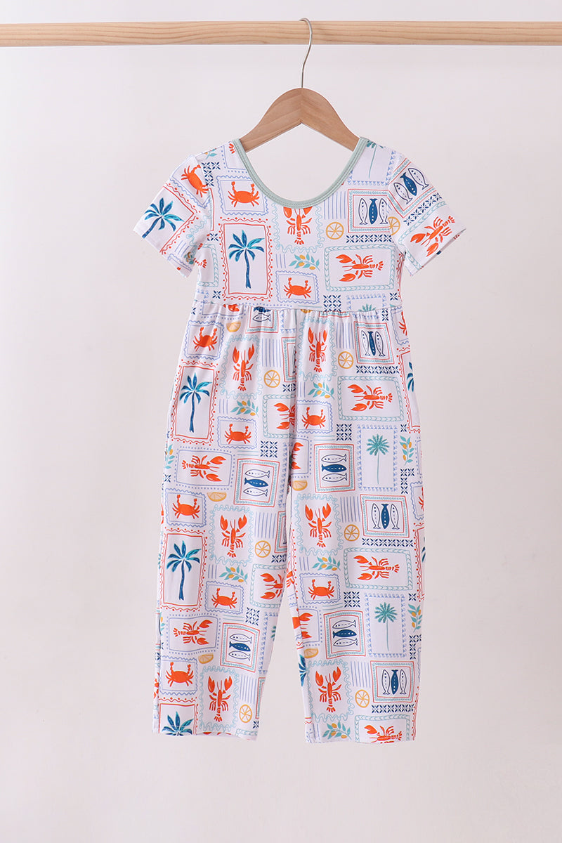 Coconut trees lobsters print bamboo jumpsuit