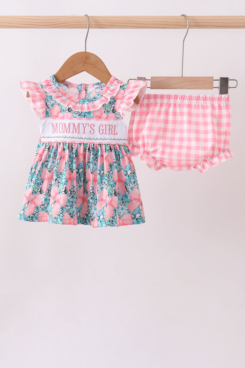 Pink floral mommy's girl embroidery ruffle bloomer set