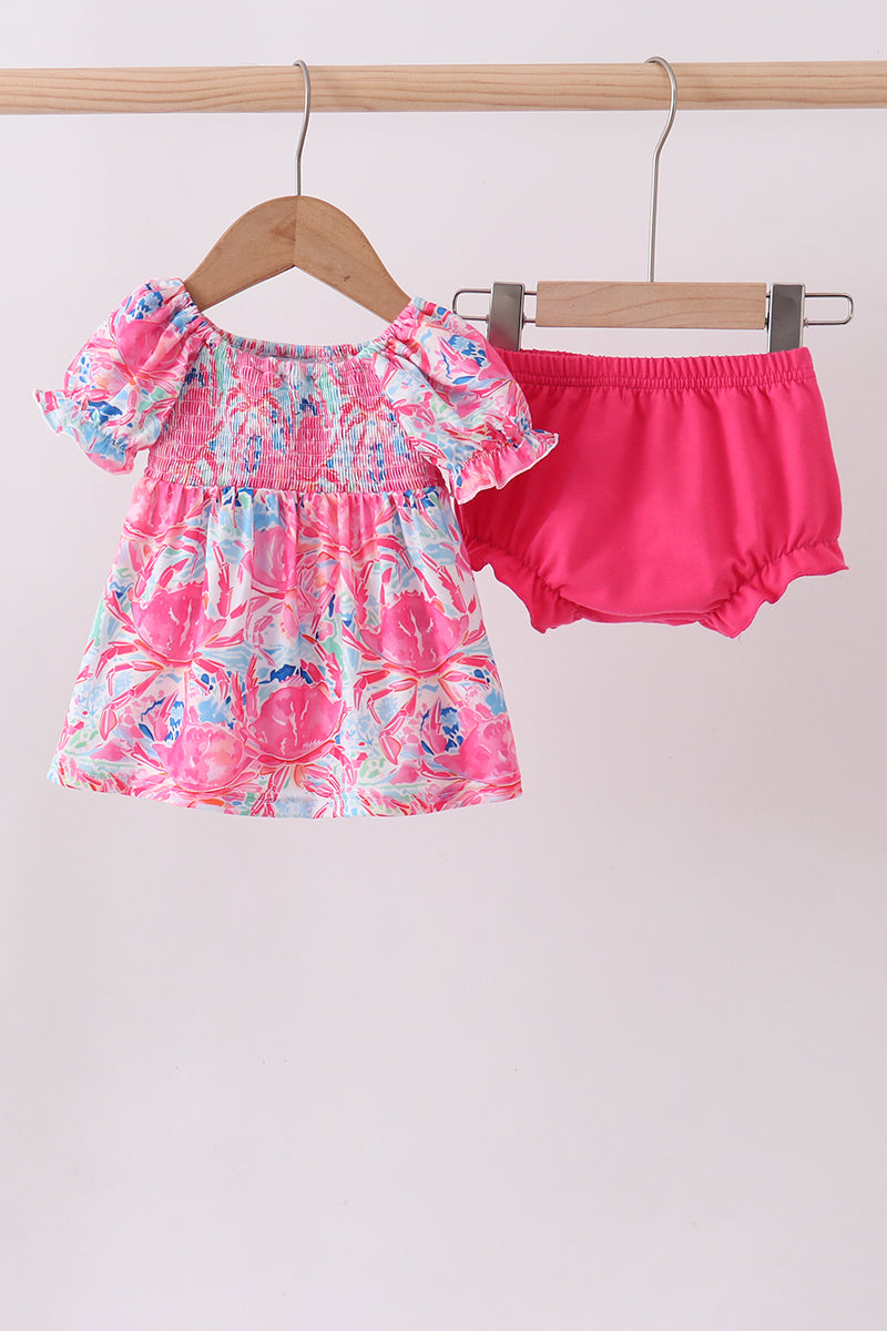Pink floral smocked ruffle bloomer set
