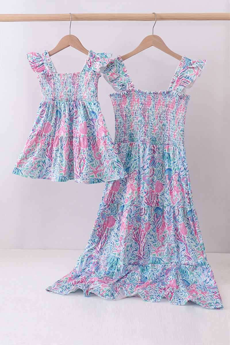 Blue marine smocked ruffle tiered mom&me dress