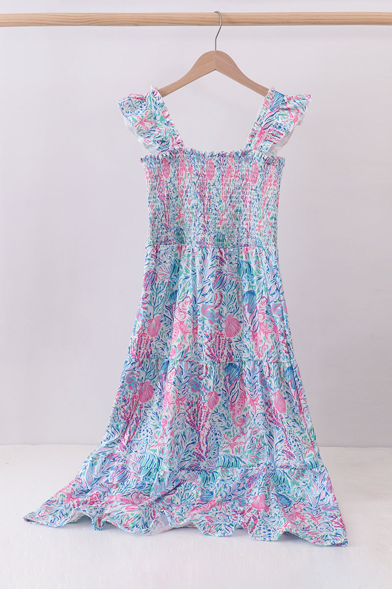 Blue marine smocked ruffle tiered mom&me dress