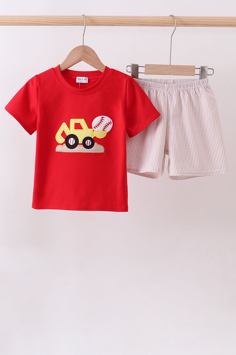 Red baseball applique shorts set