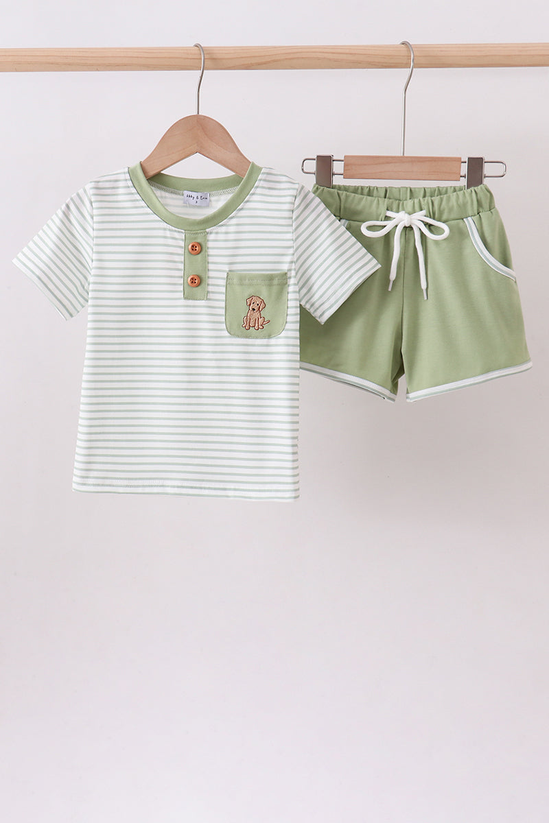 Sage stripe puppy embroidery shorts set