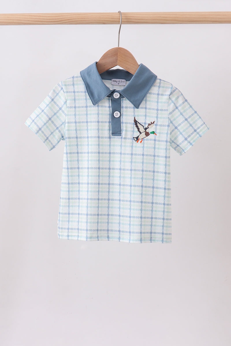 Blue plaid duck embroidery button down shirt