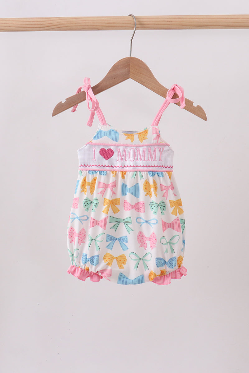 Pink bow I love MOMMY smocked bubble