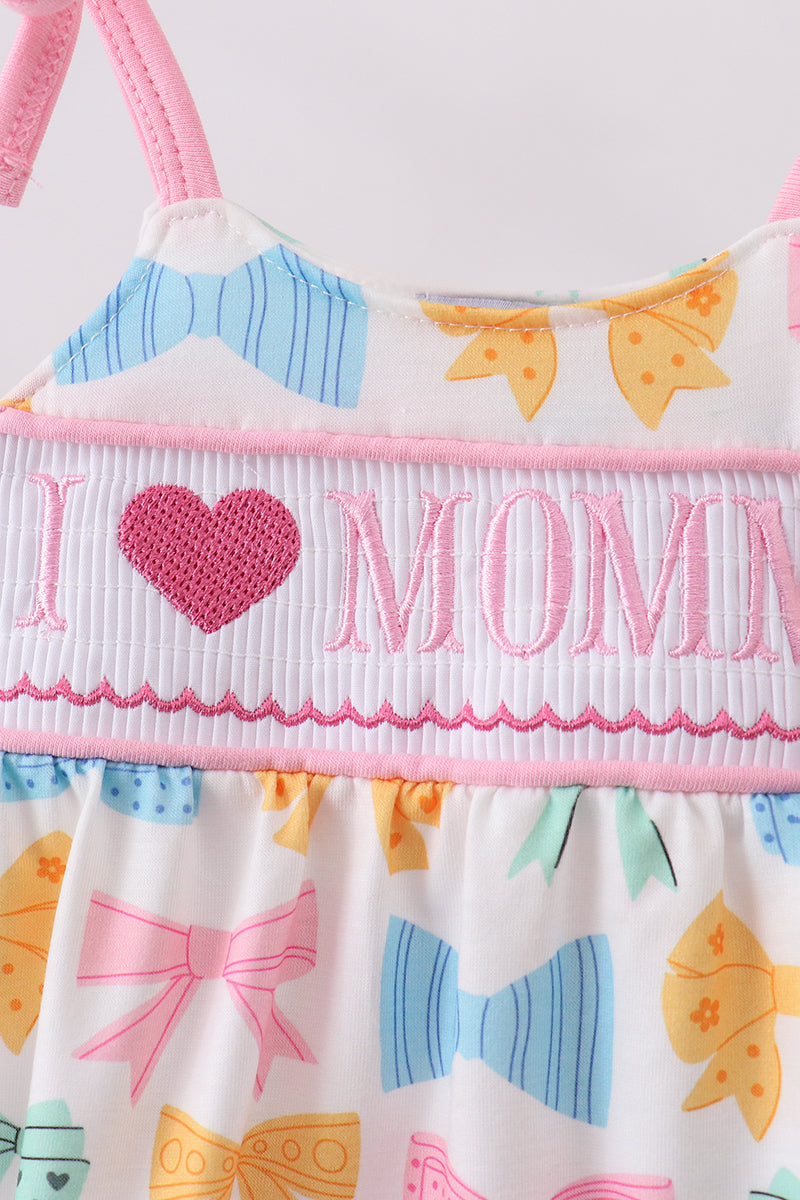 Pink bow I love MOMMY smocked bubble