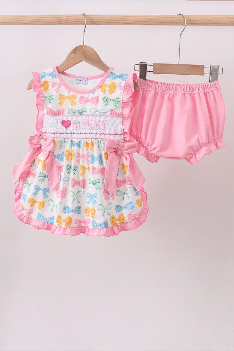 Pink bow I love MOMMY smocked ruffle bloomer set