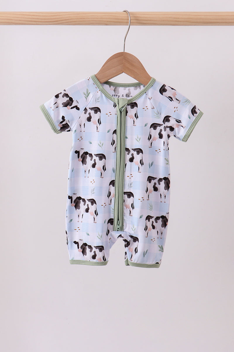 Blue cow print bamboo gingham romper