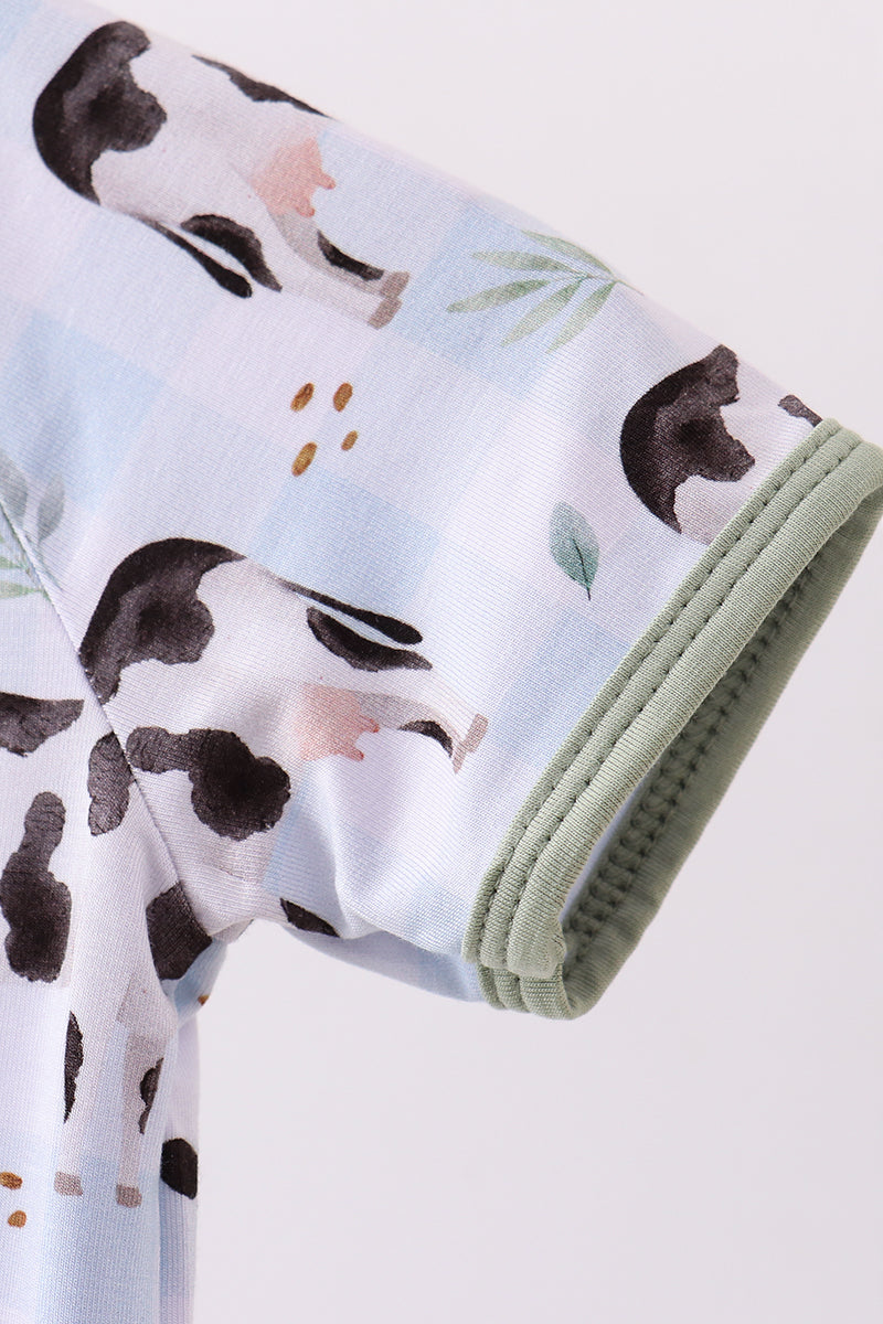 Blue cow print bamboo gingham romper