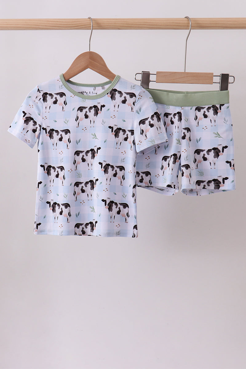 Blue cow print bamboo gingham shorts set