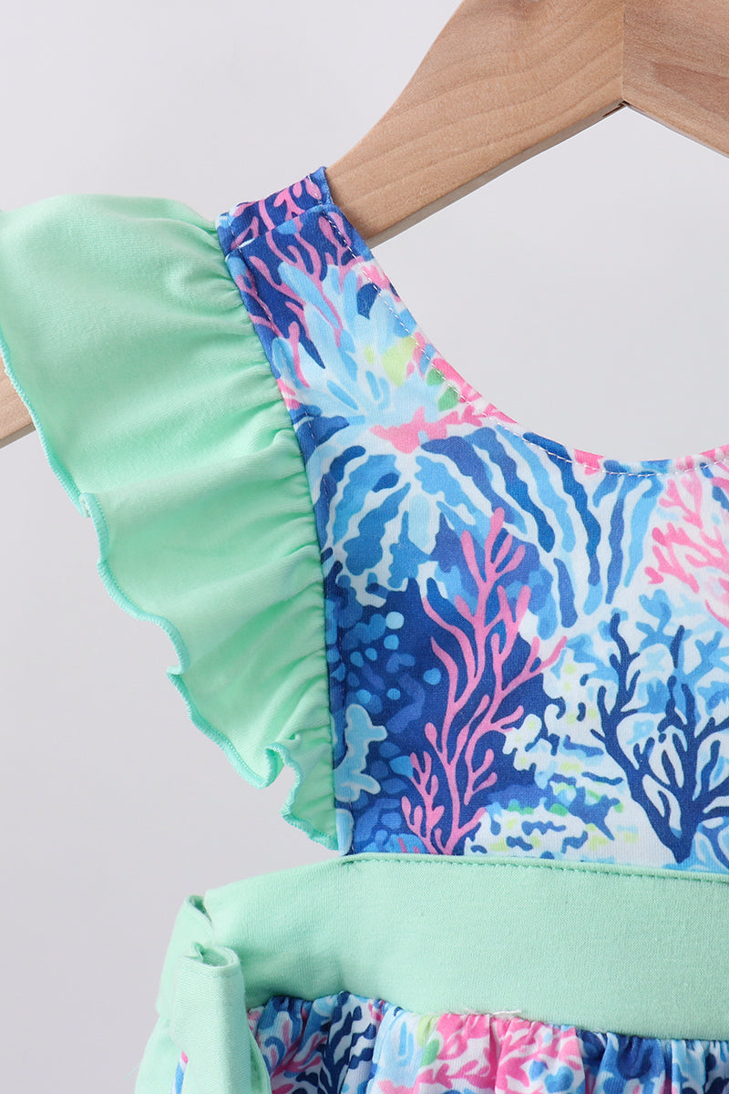 Blue marine creature print ruffle bloomer set