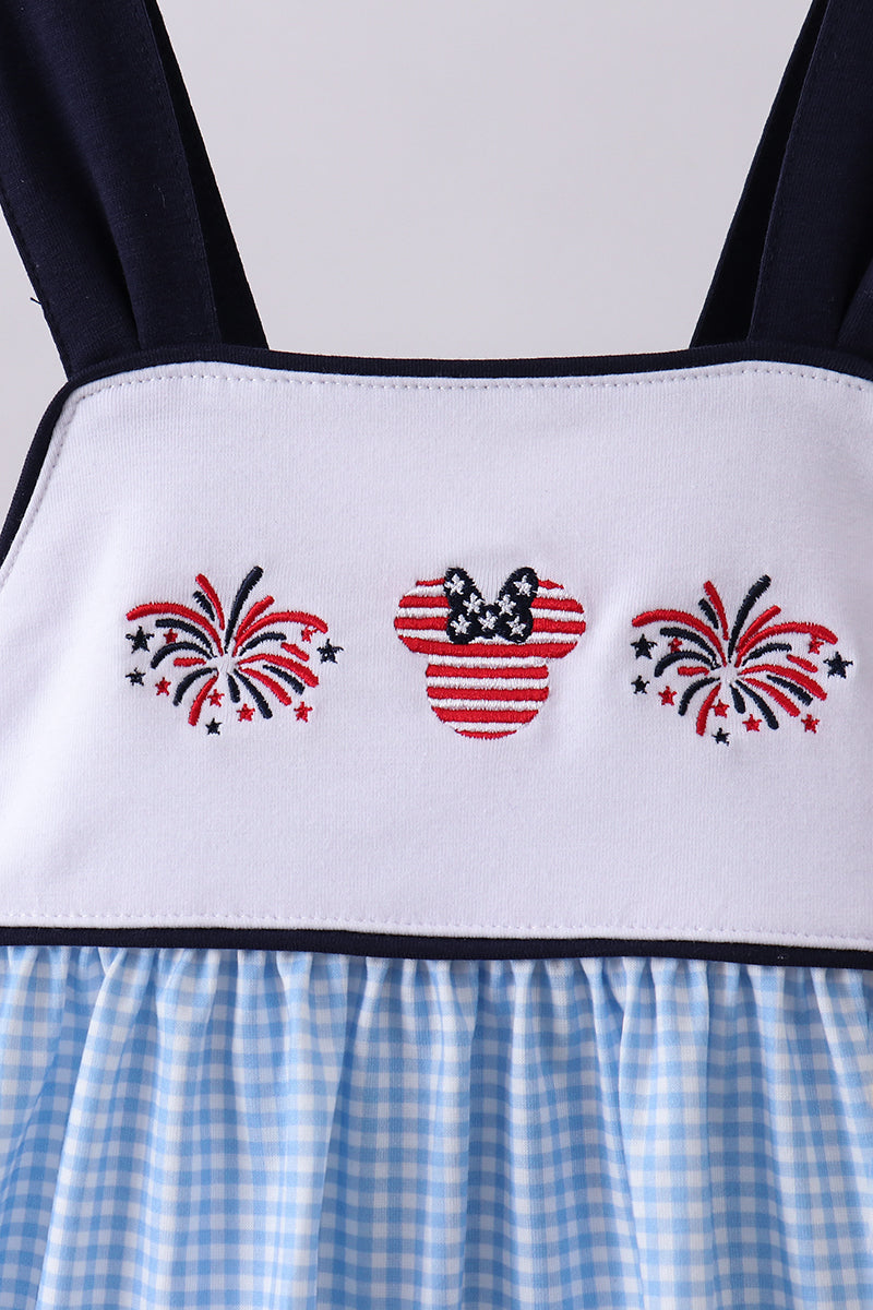 Blue character embroidery gingham bloomer set