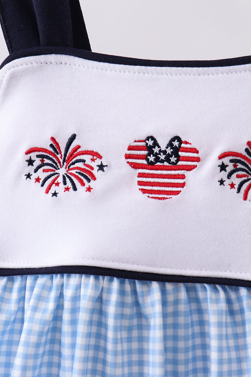 Blue character fireworks embroidery gingham dress