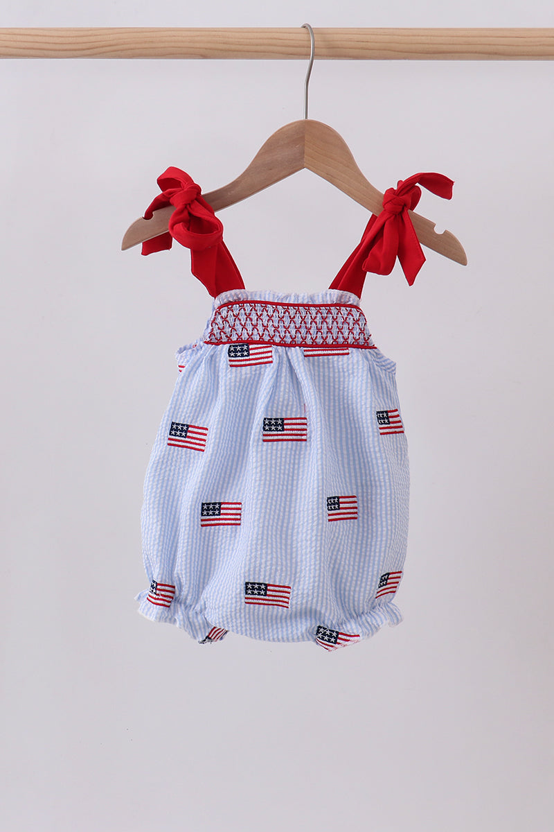 Blue flag embroidery seersucker bow bubble