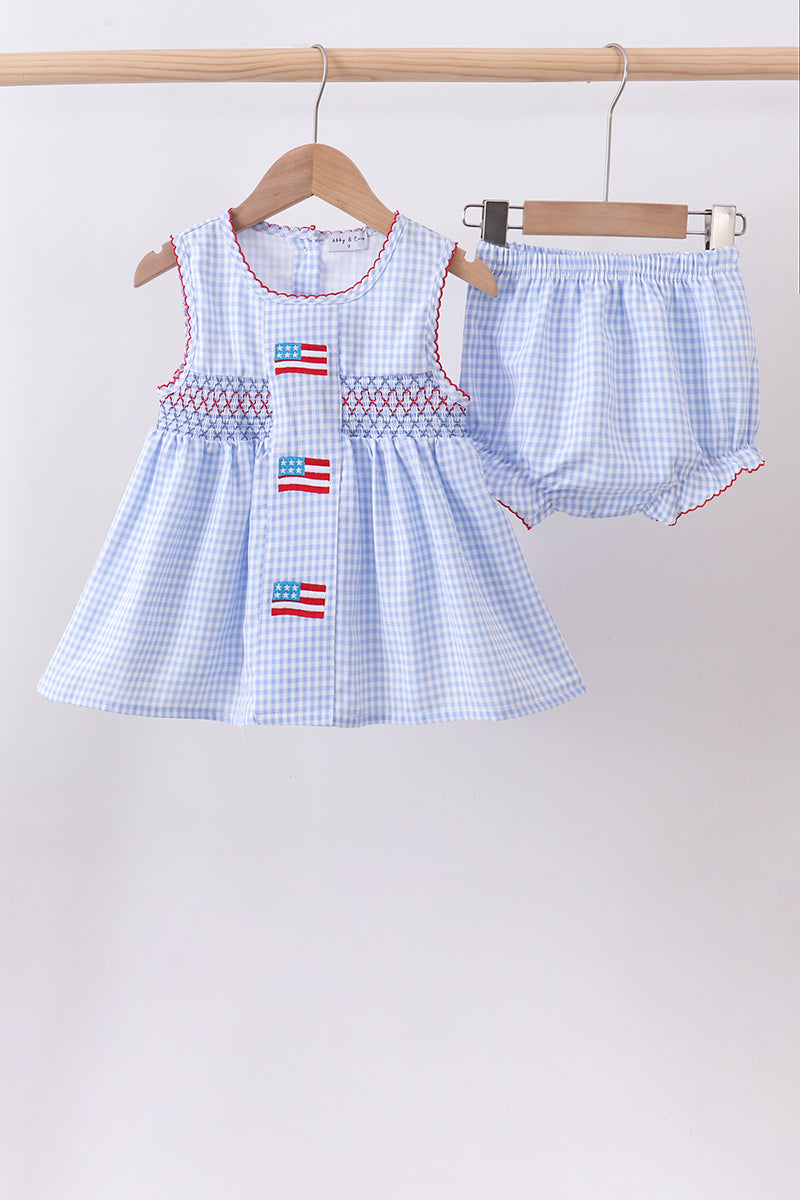 Blue flag smocked woven gingham bloomer set
